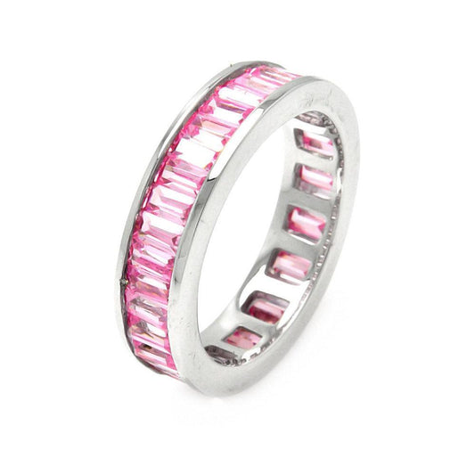 Rhodium Plated Sterling Silver 925 Pink CZ Stackable Eternity Ring Sizes 5-9