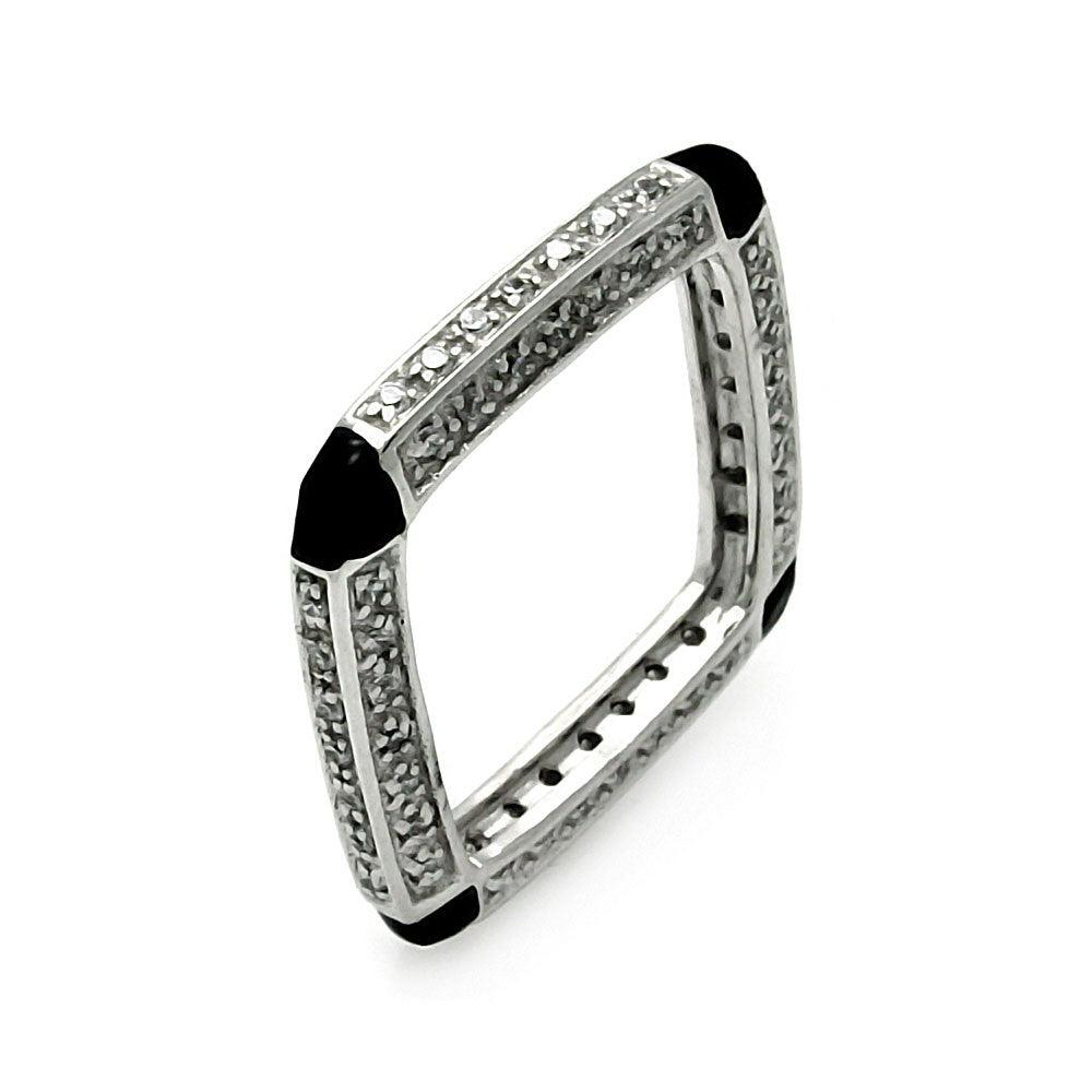 Rhodium Plated Sterling Silver 925 Black Enamel CZ Square Ring Band Sizes 5-9
