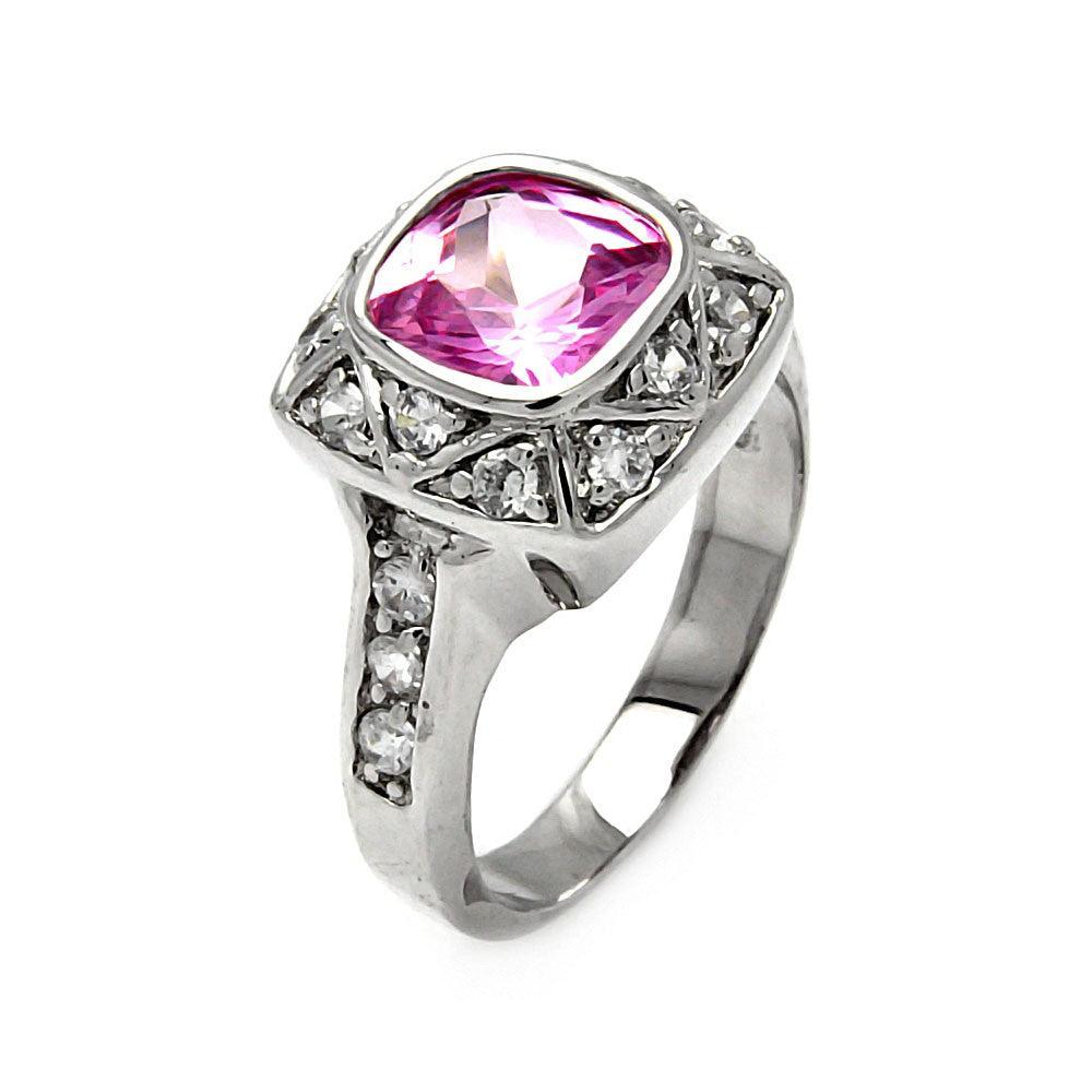 Sterling Silver 925 Rhodium Plated Square Pink CZ Cocktail Ring Sizes 5-9