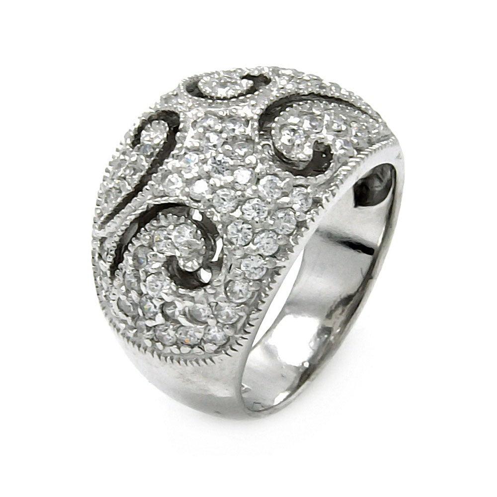Rhodium Plated Sterling Silver 925 Pave Set Clear CZ Wave Ring Band Sizes 5-10