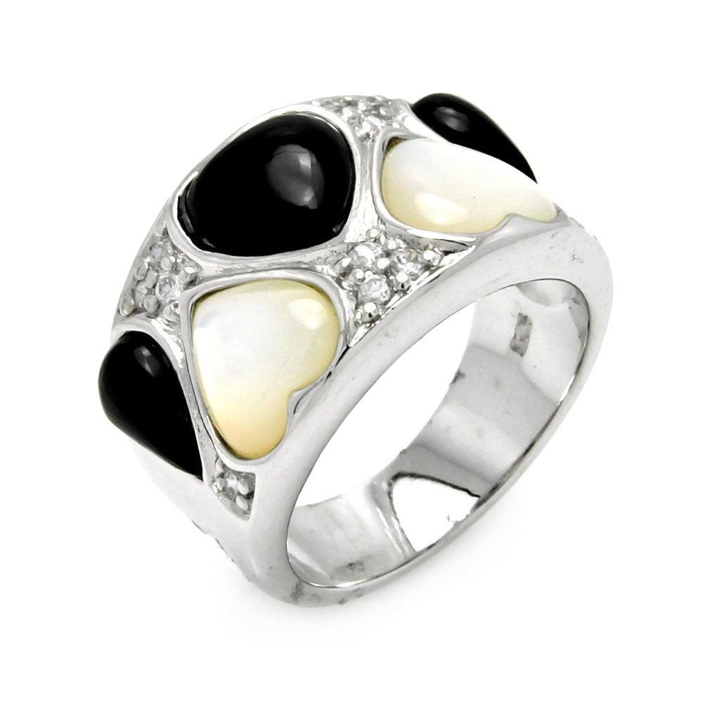 Rhodium Plated Sterling Silver 925 Onyx Simulated Pearl Heart CZ Ring Sizes 5-9