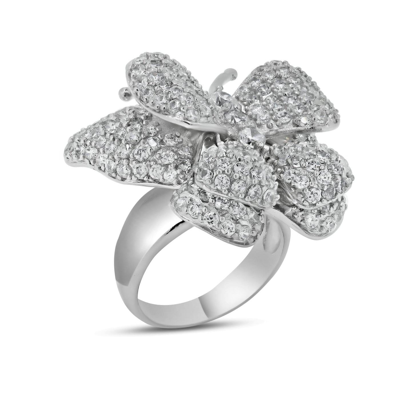 Sterling Silver 925 Rhodium Plated Pave Set Clear CZ Butterfly Ring Sizes 5-9