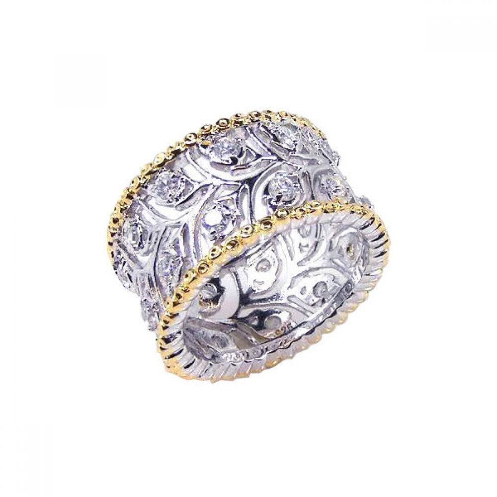 Sterling Silver 925 Gold Plated Filigree Wide Large CZ Flower Ring Sizes 5-7