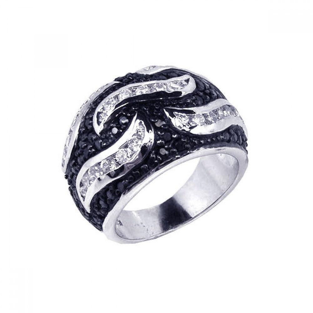Sterling Silver 925 Rhodium Plated Pave Set Black Clear CZ Wave Ring Sizes 5-9