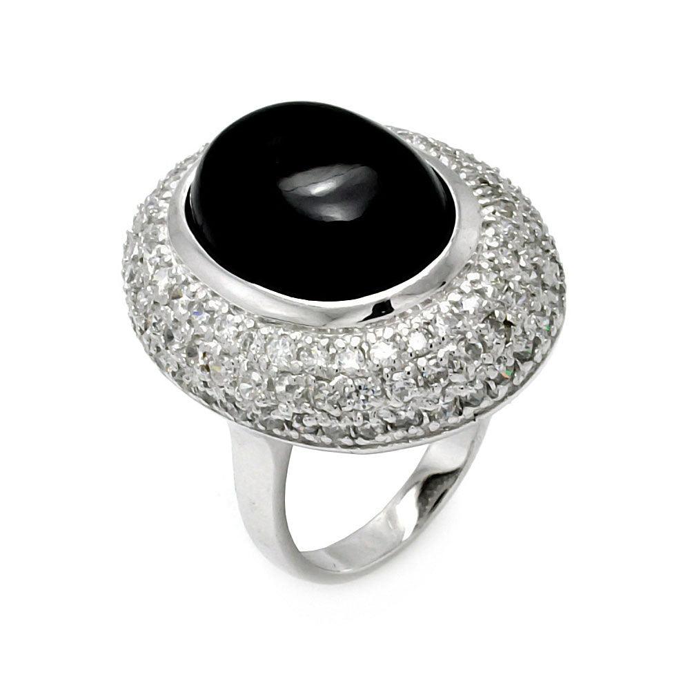 Sterling Silver 925 Rhodium Plated Oval Black Onyx Center CZ New Ring Sizes 5-9