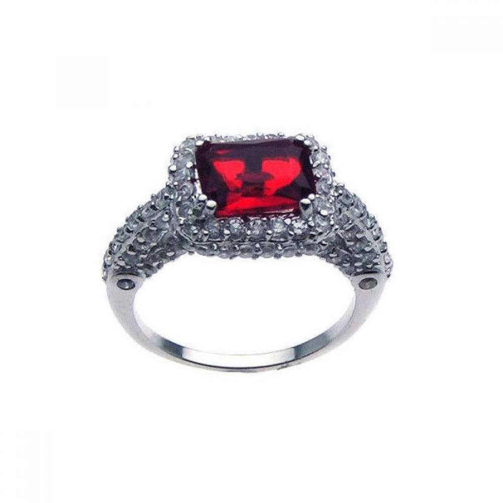 Sterling Silver 925 Rhodium Plated Red Center Pave Halo Clear CZ Ring Sizes 5-9