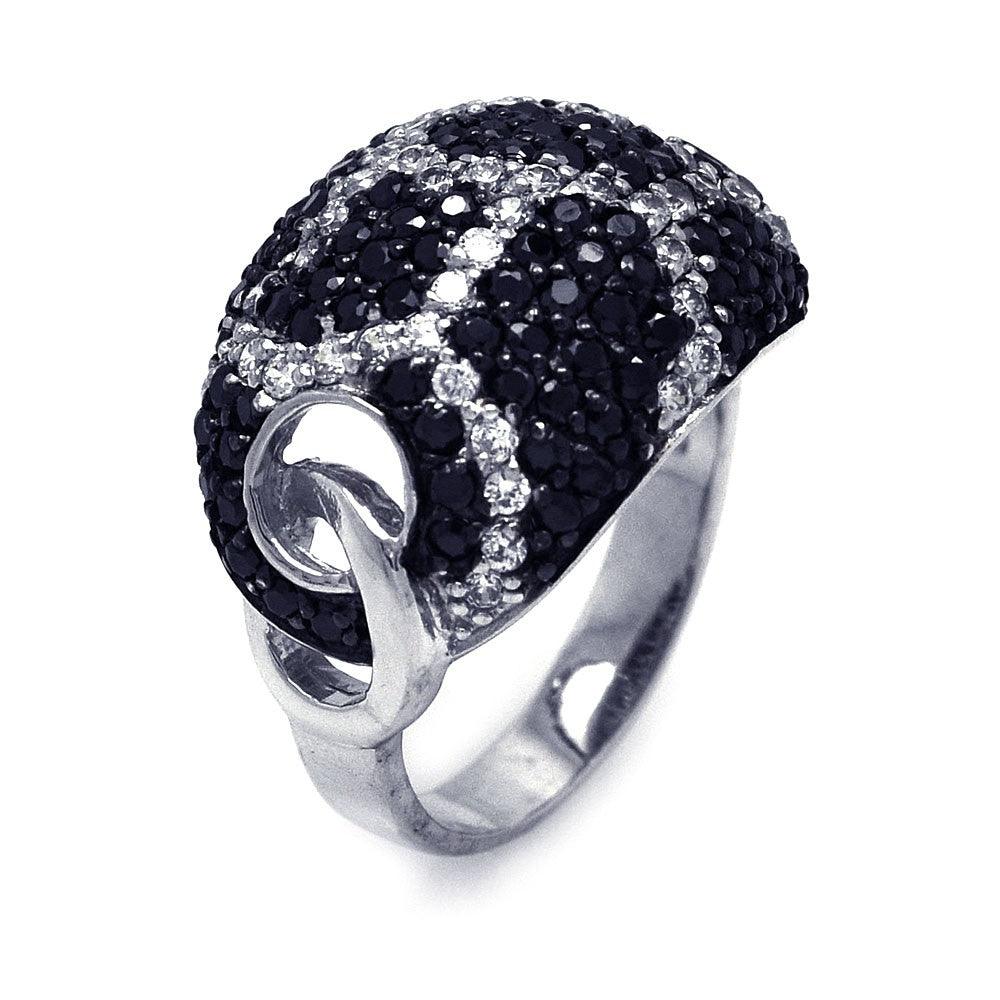 Sterling Silver 925 Rhodium Plated Clear Black CZ Wave Cute Dome Ring Sizes 5-9