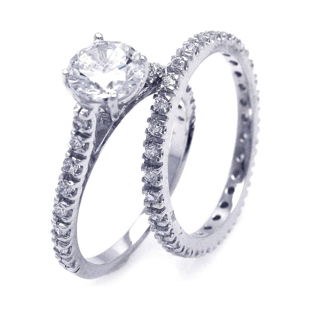 Sterling Silver 925 Rhodium Plated Solitiare CZ Ring Wedding Band Set Sizes 5-10