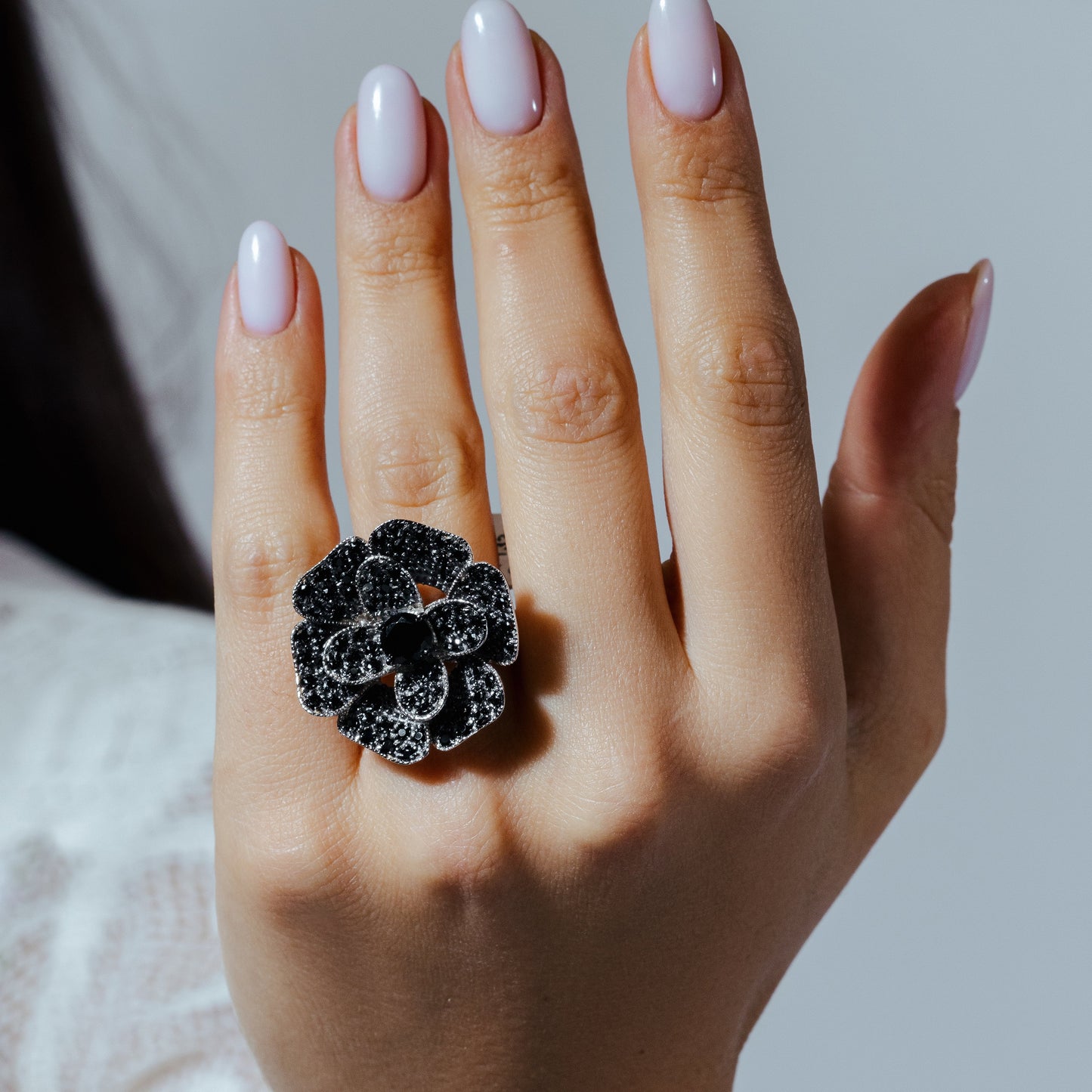 Sterling Silver 925 Black Rhodium Plated Black Pave CZ Flower Ring Sizes 5-9