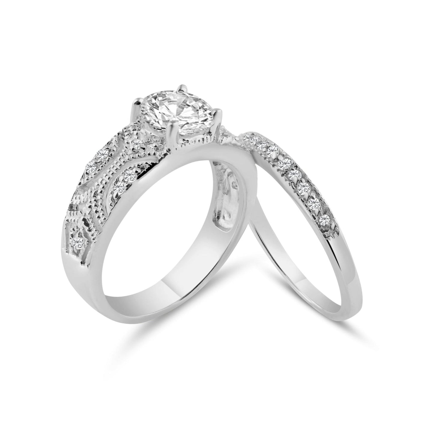 Sterling Silver 925 Rhodium Plated Pave Set CZ Ring Wedding Set Sizes 5-9
