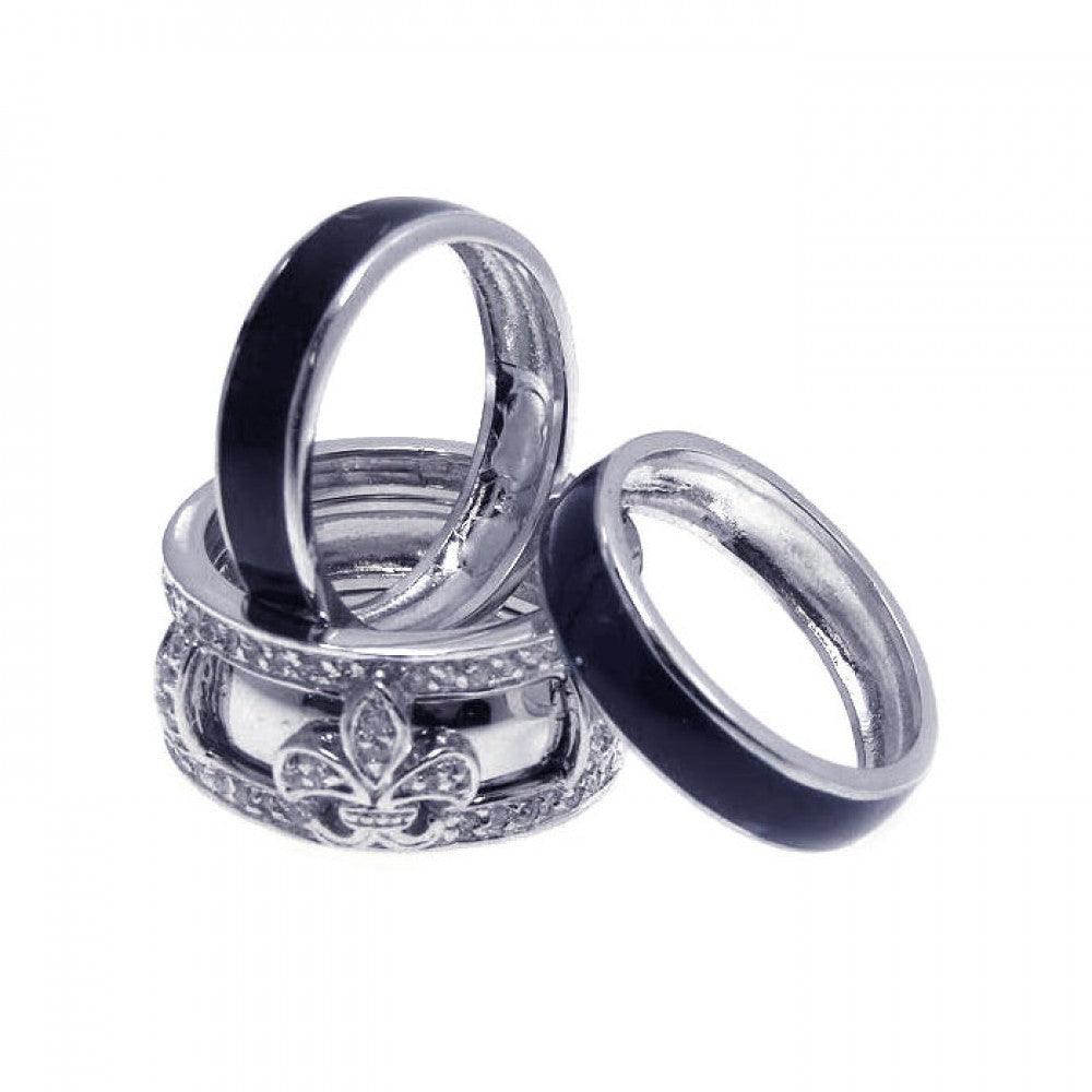 Sterling Silver 925 Rhodium Plated CZ Fleur De Lis Black Enamel Ring Sizes 5-9