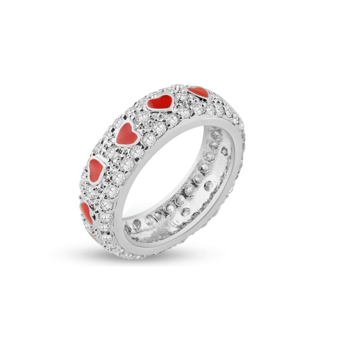 Sterling Silver 925 Rhodium Plated Red Enamel Heart CZ Eternity Ring Sizes 5-9