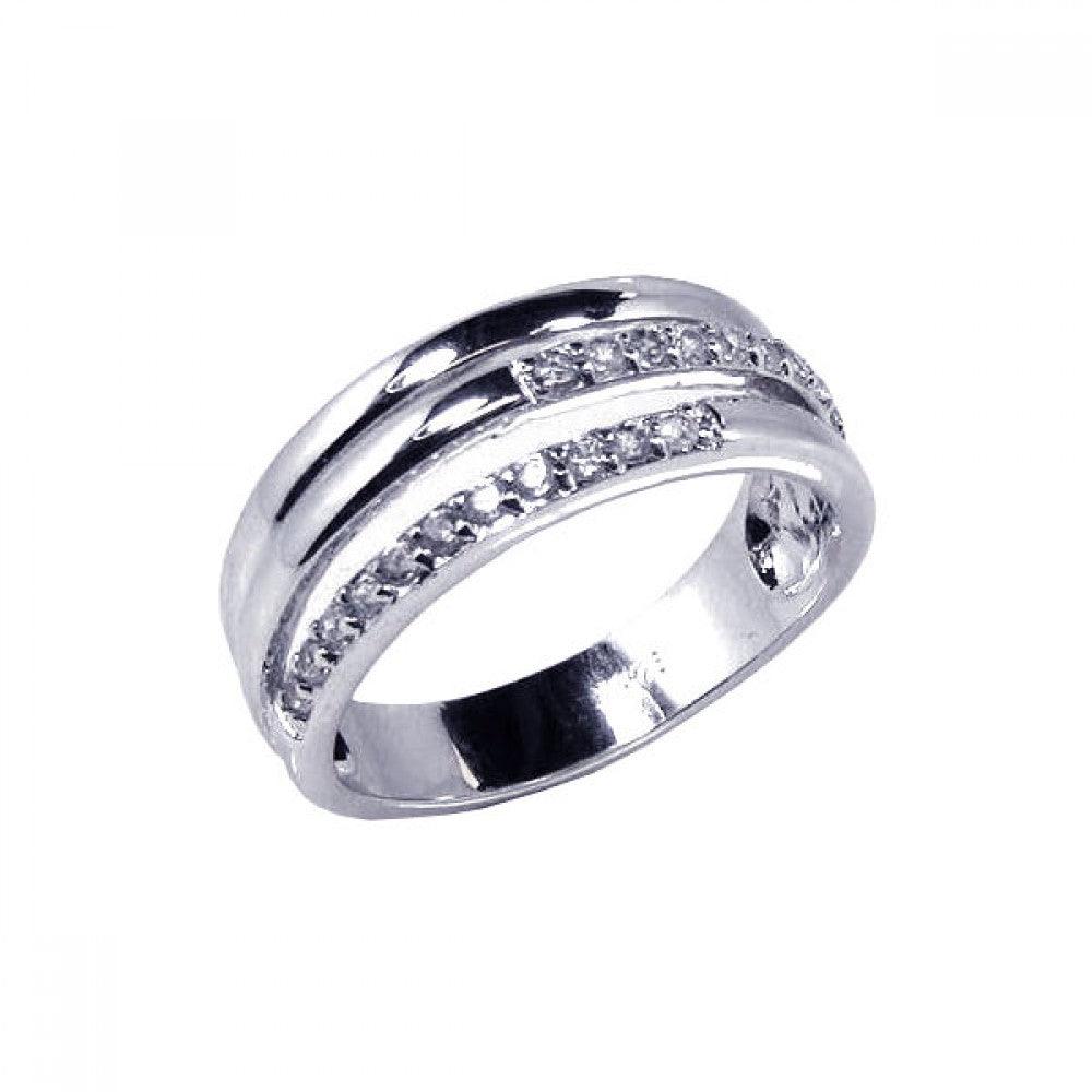 Sterling Silver 925 Rhodium Plated Triple Row CZ Wide Bar Open Ring Sizes 5-10