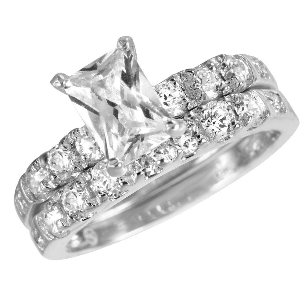Sterling Silver 925 Rhodium Plated Solitiare CZ Ring Wedding Set Band Sizes 5-9