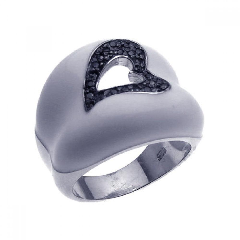 Sterling Silver 925 Black Rhodium Plated White Enamel CZ Heart Ring Sizes 5-9