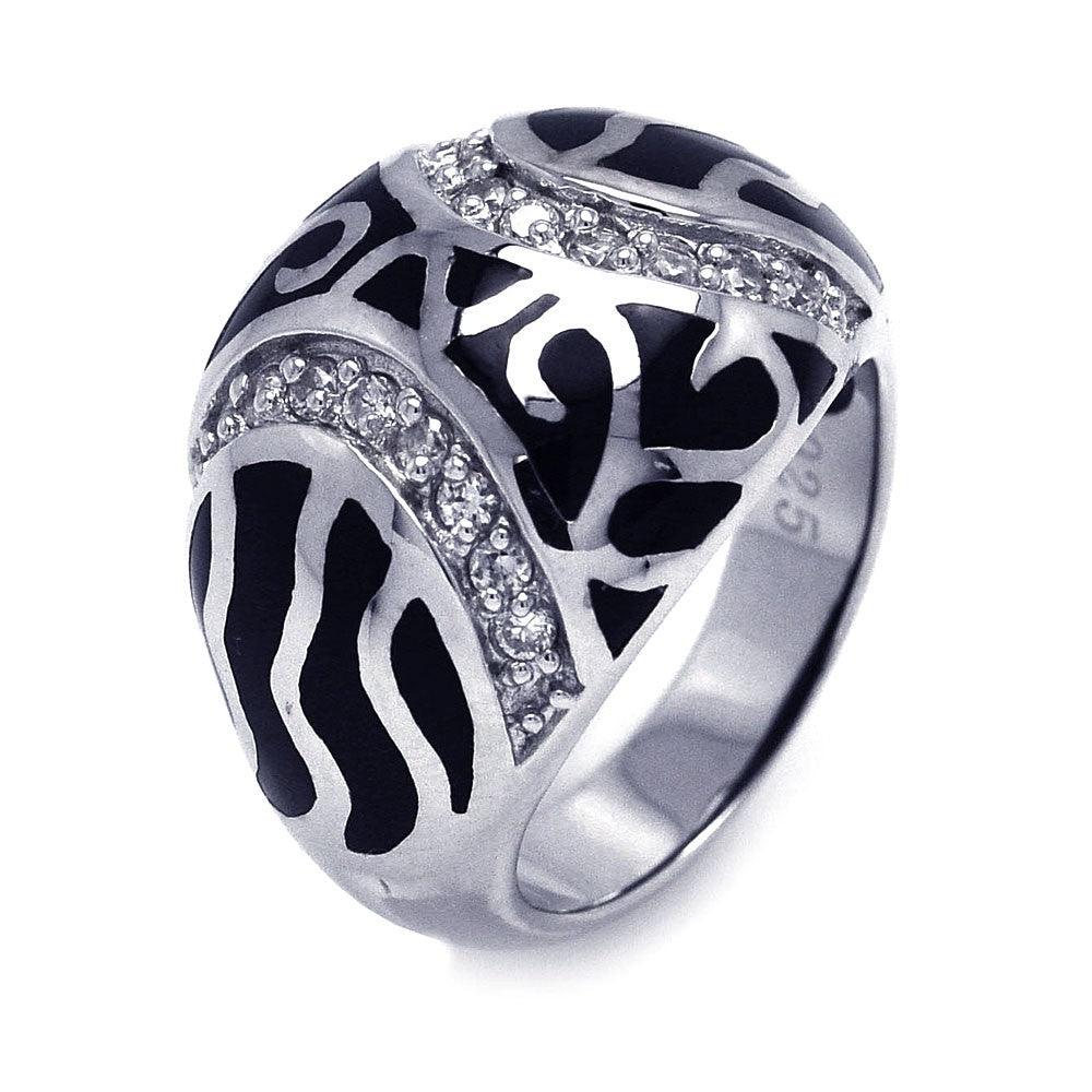 Sterling Silver 925 Rhodium Plated Black Enamel CZ Swirl Dome Ring Sizes 5-9