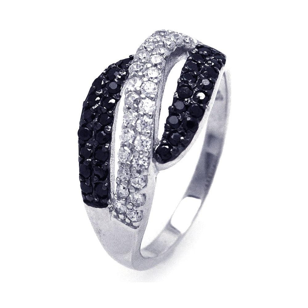Sterling Silver 925 Black Rhodium Plated Black and Clear CZ Wave Ring Sizes 5-9