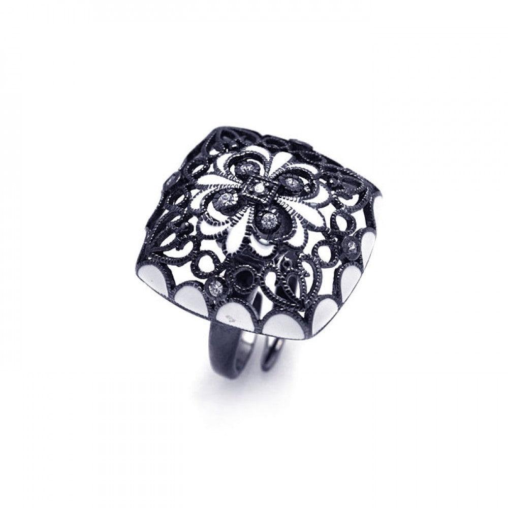 Sterling Silver 925 Black Rhodium Plated Clear CZ Flower Cocktail Ring Sizes 5-8