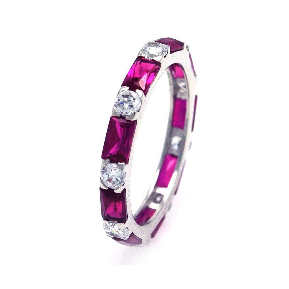 Sterling Silver Rhodium Plated Red Baguette Clear CZ Eternity Ring Sizes 5-10