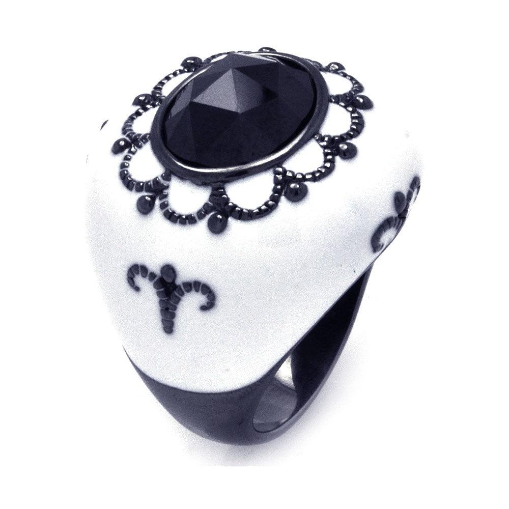 Sterling Silver 925 Black Rhodium Plated White Enamel Black CZ Ring Sizes 6-9