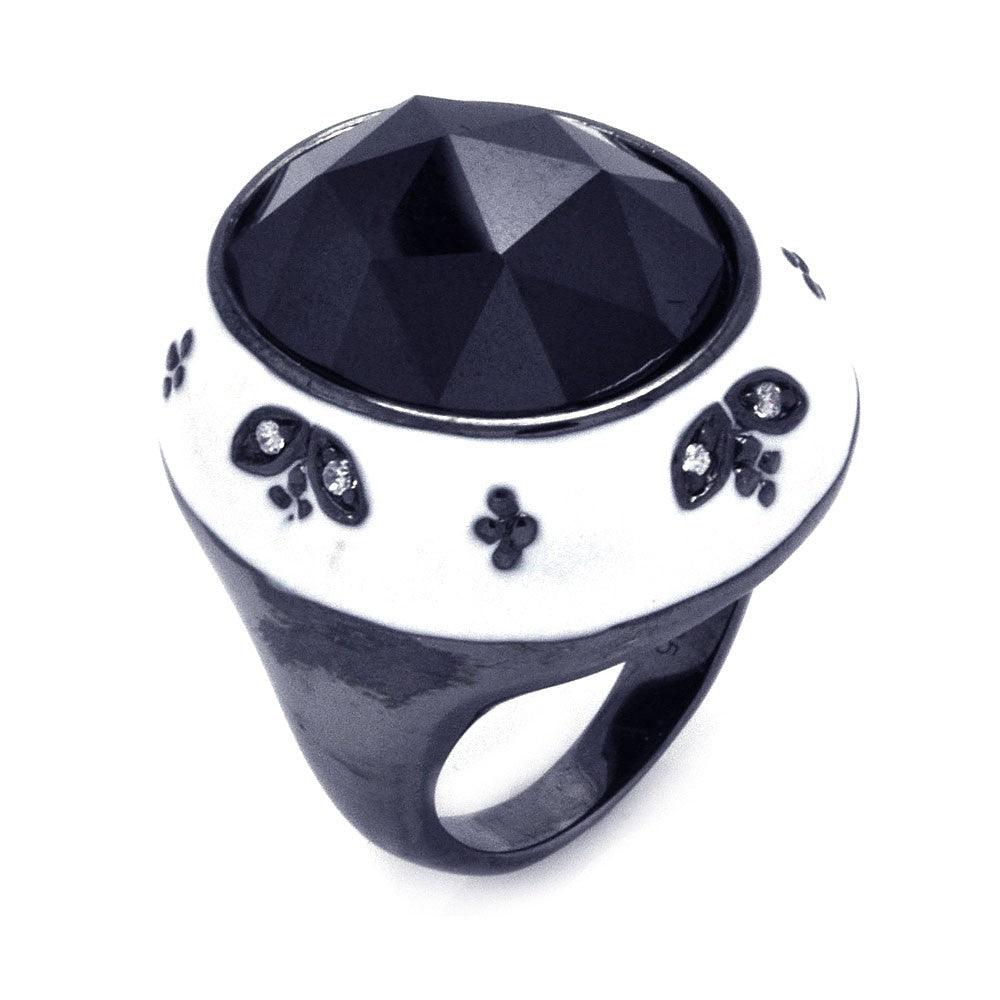 Sterling Silver Black Rhodium Plated White Enamel Black CZ Dome Ring Sizes 6-9