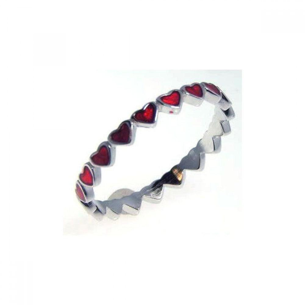Rhodium Plated Sterling Silver 925 Red Enamel Eternity Heart Ring Band Sizes 5-9