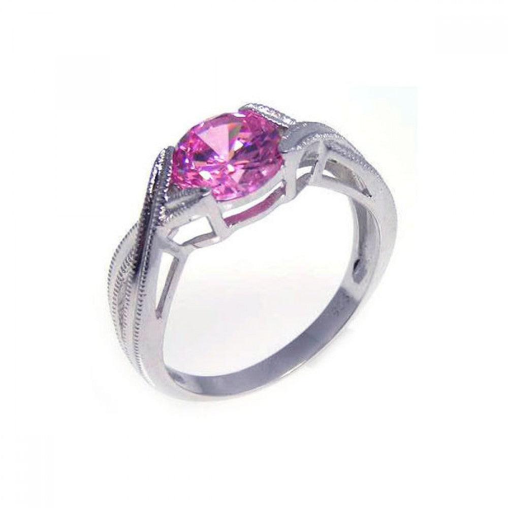 Sterling Silver 925 Rhodium Plated Round Pink CZ Solitaire Knot Ring Sizes 5-9