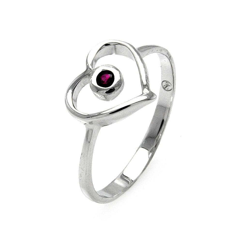 Sterling Silver Rhodium Plated Small Red CZ Open Heart Promise Ring Sizes 5-9