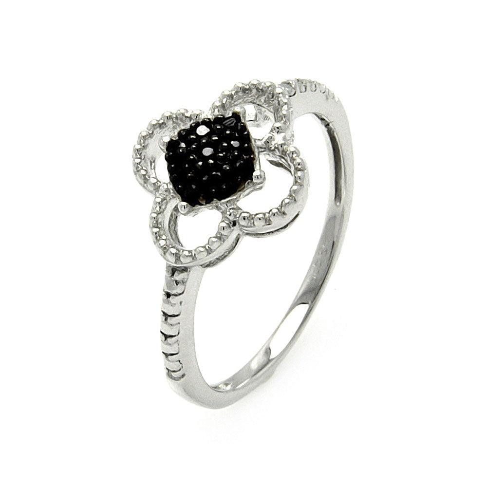 Sterling Silver 925 Rhodium Plated Black Clear CZ Flower Nature Ring Sizes 5-9
