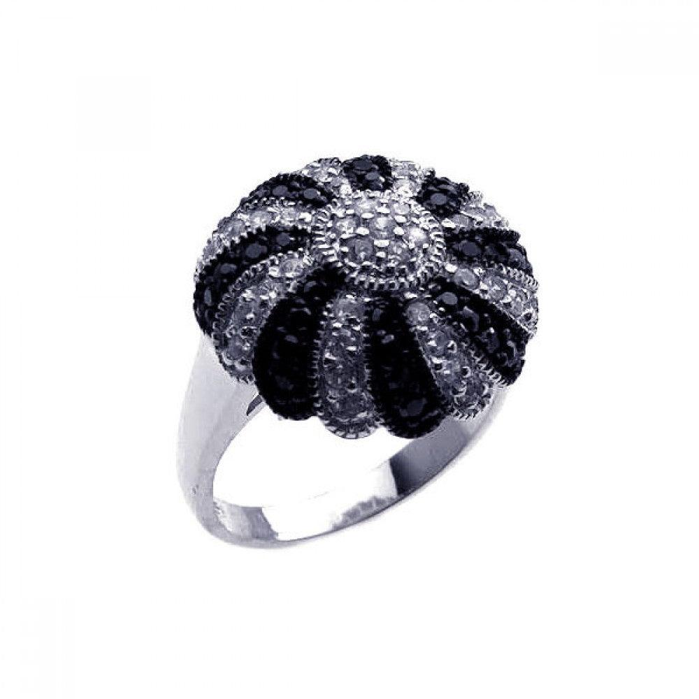 Sterling Silver 925 Rhodium Plated Black Clear CZ Flower Dome Ring Sizes 5-9