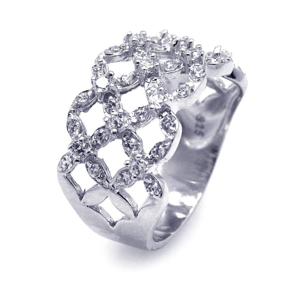 Sterling Silver 925 Rhodium Plated CZ Open Flower Criss Cross Ring Sizes 5-9