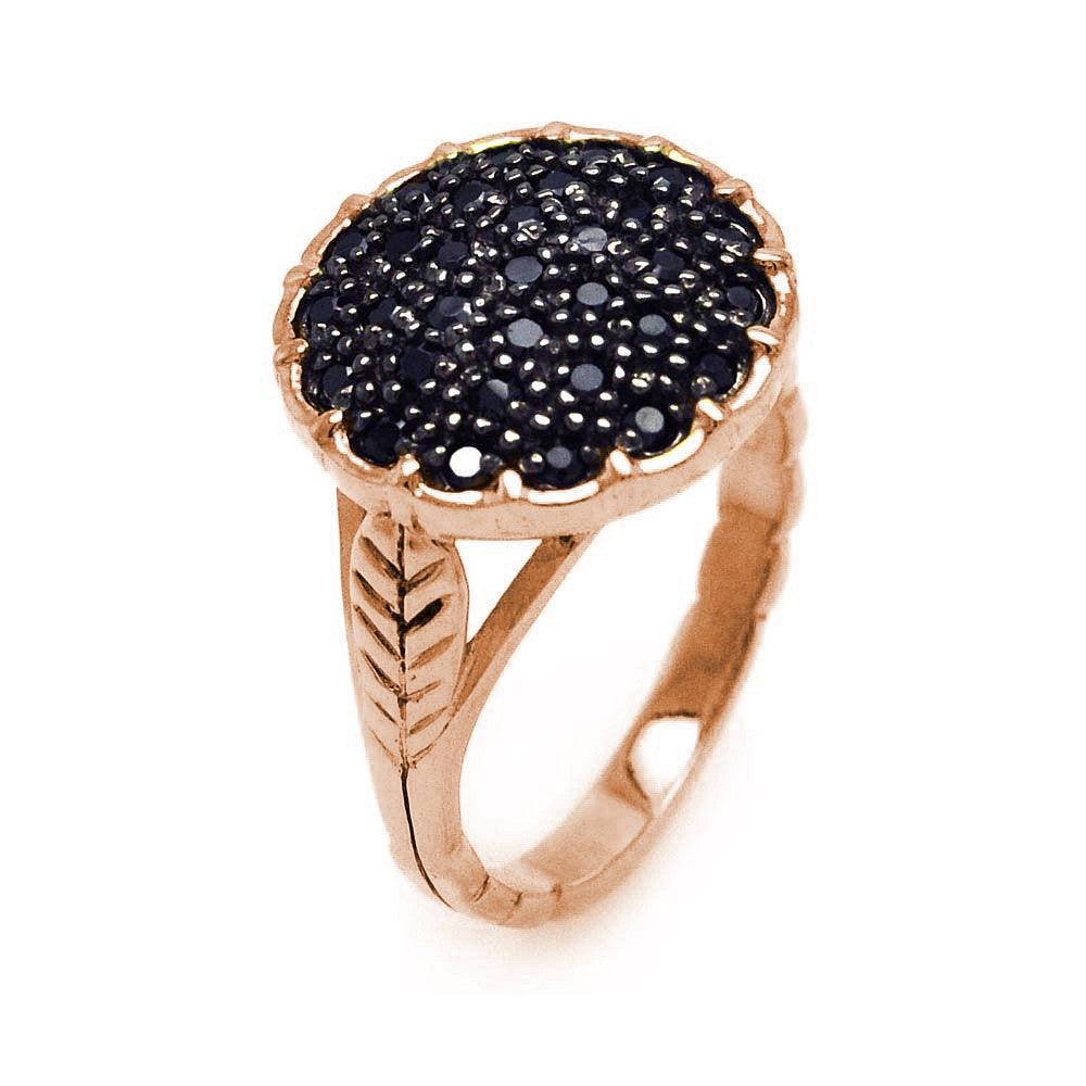 Sterling Silver 925 Rose Gold Plated Black CZ Circle Leaf Round Ring Sizes 5-8