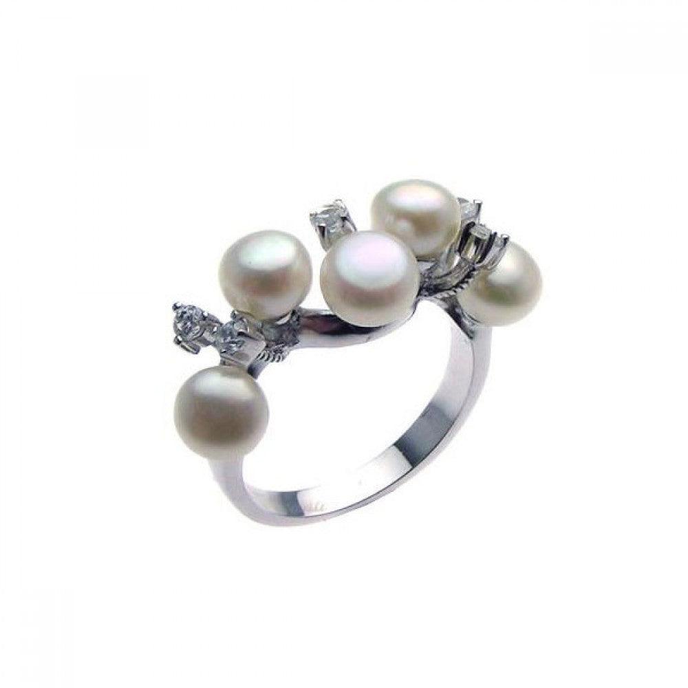 Sterling Silver 925 Rhodium Plated CZ Multiple Simulated Pearl Ring Sizes 5-9