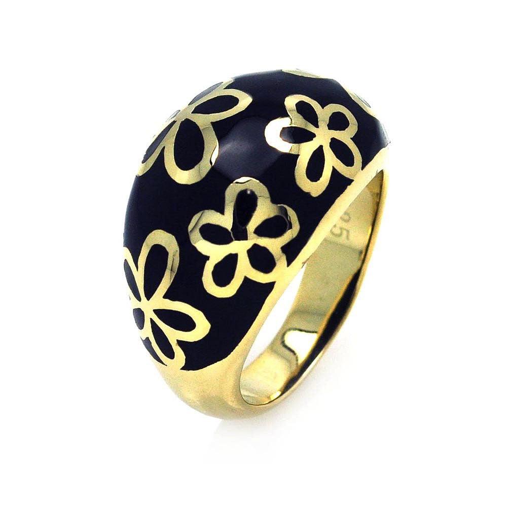 Sterling Silver 925 Gold Plated Black Enamel Flower Cutout Dome Ring Sizes 5-9