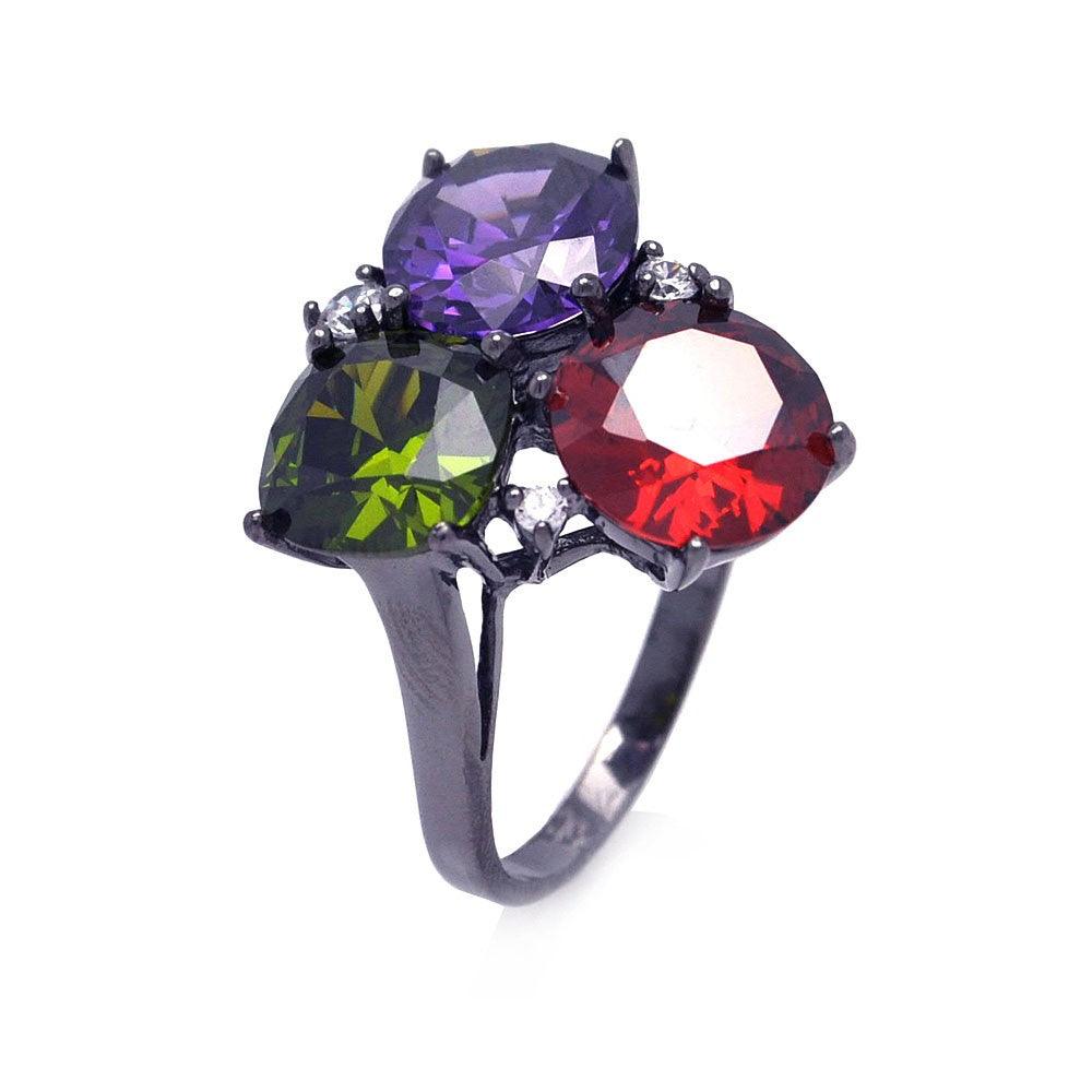 Sterling Silver 925 Dark Rhodium Plated Green Purple Red CZ Cute Ring Sizes 5-9