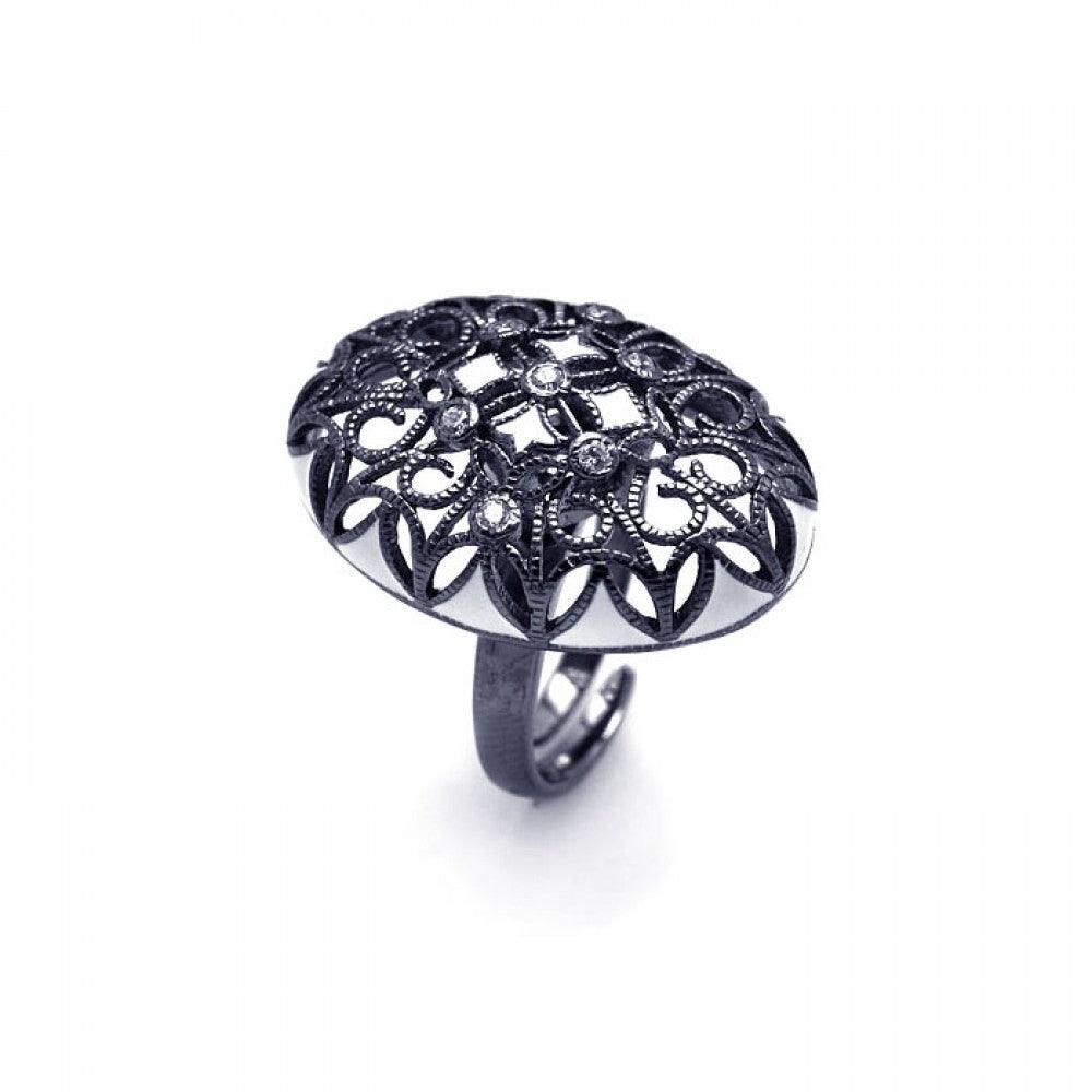 Sterling Silver 925 Black Rhodium Plated Clear CZ Oval Flower Ring Sizes 5-8