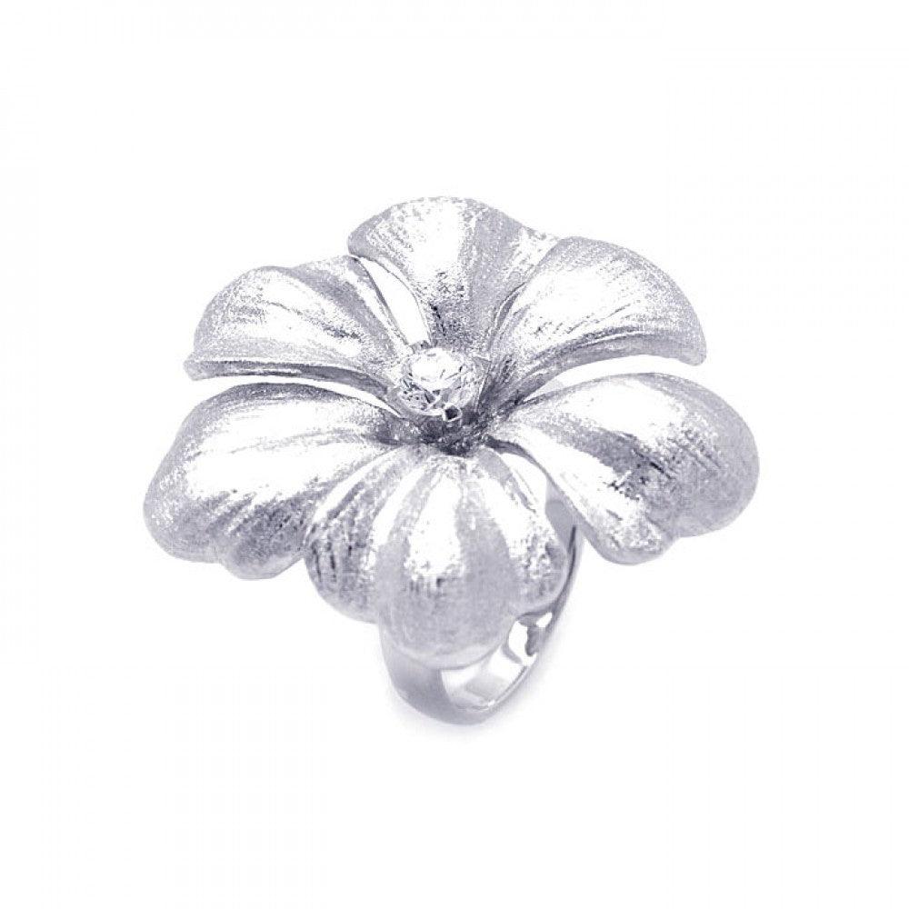 Rhodium Plated Sterling Silver 925 Matte Finish Single CZ Flower Ring Sizes 5-9