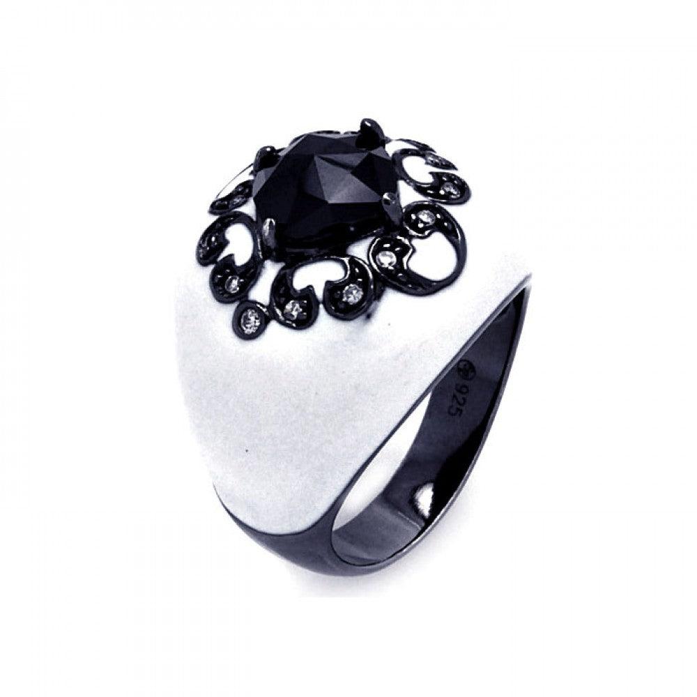 Sterling Silver 925 Black Rhodium Plated White Enamel Clear CZ Ring Sizes 6-9