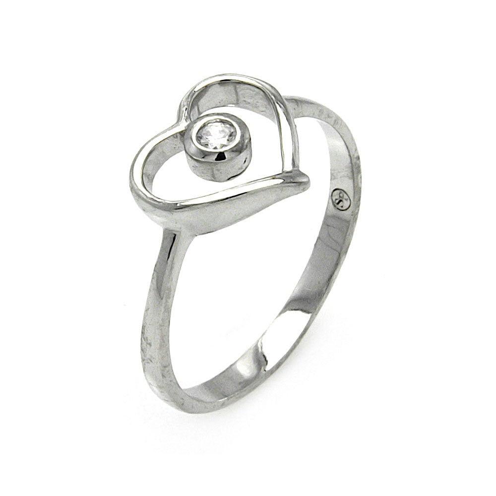 Rhodium Plated Sterling Silver 925 Small Round CZ Open Heart Ring Band Sizes 5-9