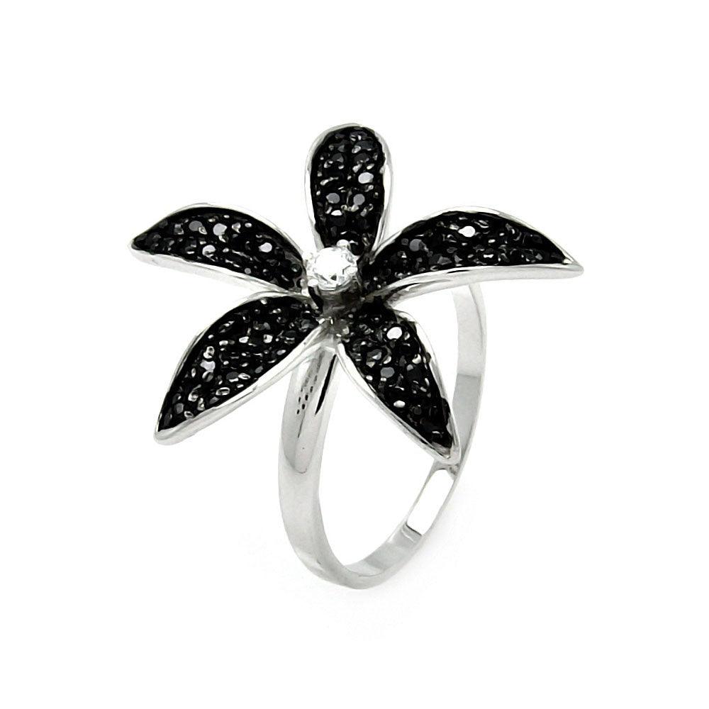 Black Rhodium Plated Sterling Silver 925 Small Round CZ Flower Ring Sizes 5-9