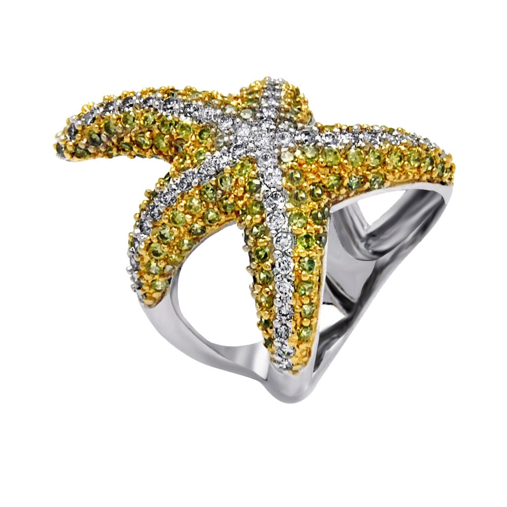 Rhodium & Gold Plated Sterling Silver Green & Clear CZ Starfish Ring Sizes 5-9