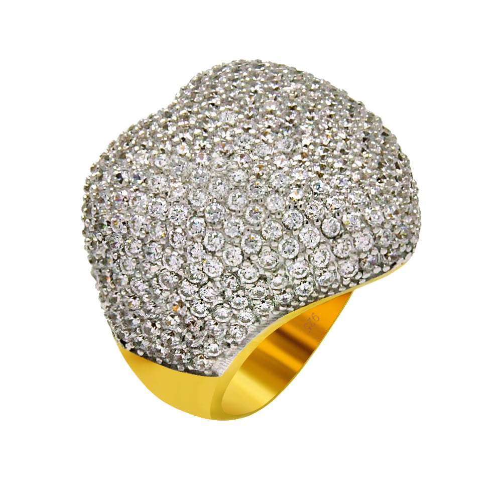 Sterling Silver 925 Gold Plated Wide Large Clear CZ Round Heart Ring Sizes 5-7