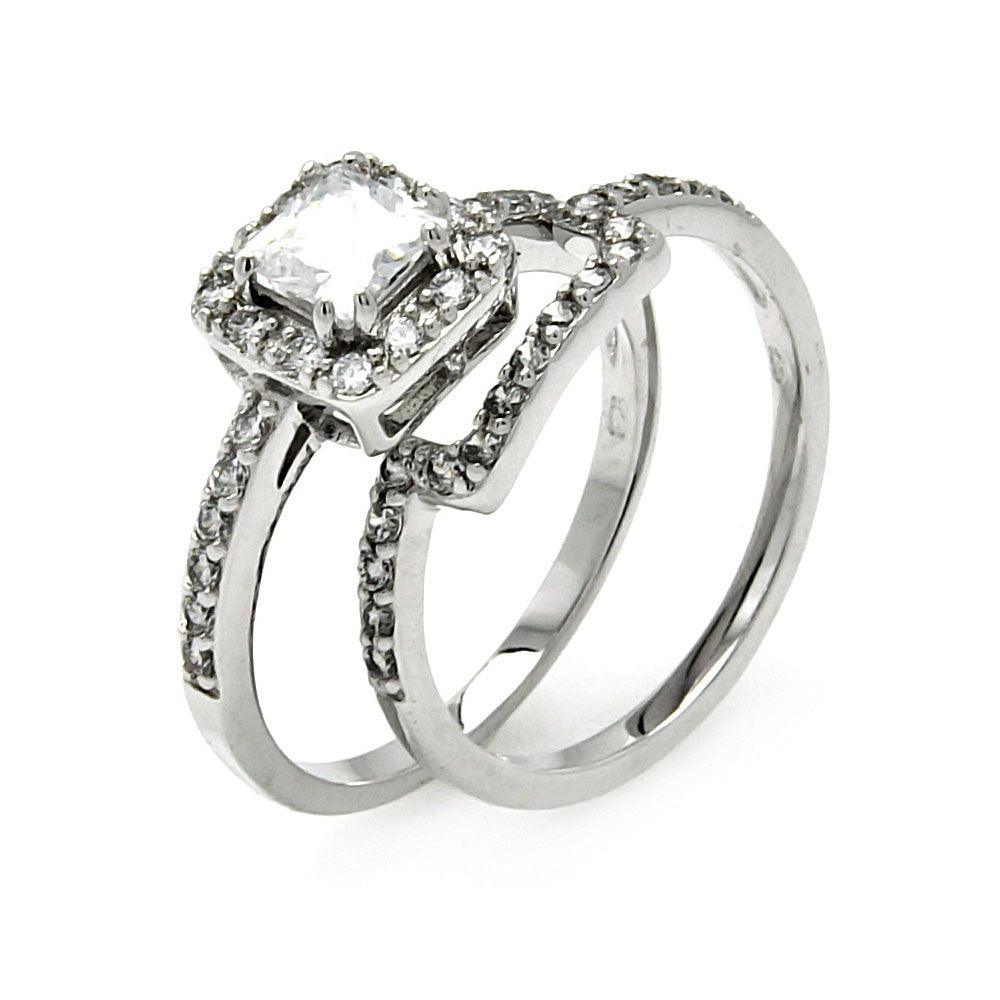Sterling Silver 925 Rhodium Plated Clear CZ Square Bridal Ring Set Sizes 5-9