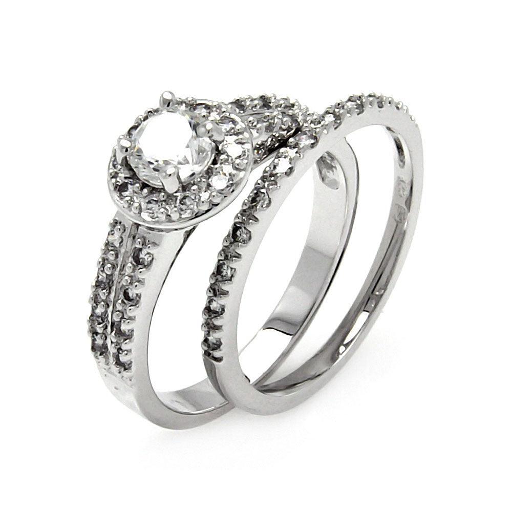 Rhodium Plated Sterling Silver 925 Clear CZ Round Bridal Ring Set Band Sizes 5-9