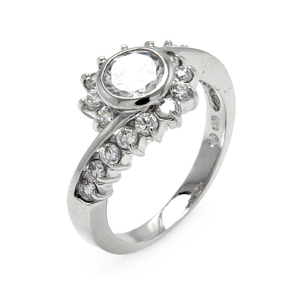 Sterling Silver 925 Rhodium Plated Clear Bezel Center CZ Flower Ring Sizes 5-9