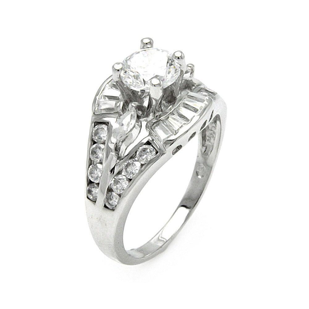 Rhodium Plated Sterling Silver 925 Clear Round Baguette CZ Bridal Ring Sizes 5-9