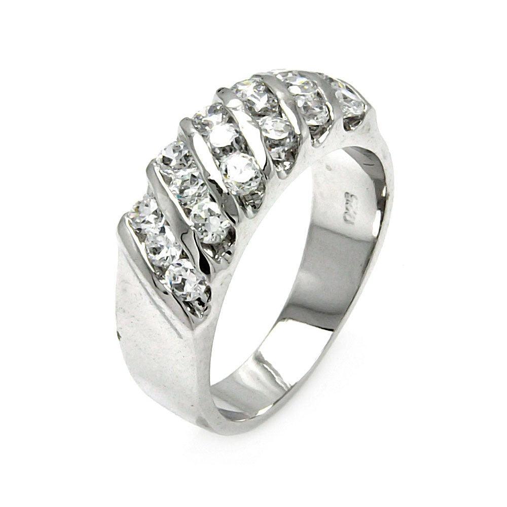 Rhodium Plated Sterling Silver 925 Clear Round CZ Stripe Ring Band Sizes 5-9