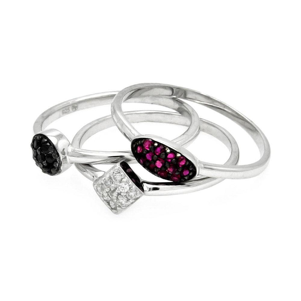 Sterling Silver 925 Black Rhodium Plated Geometric Purple CZ Ring Set Sizes 5-9
