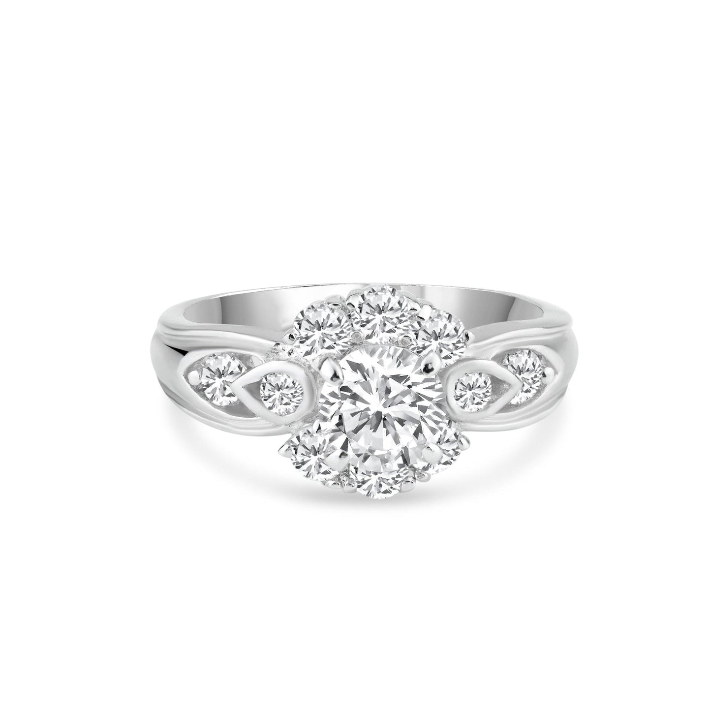 Rhodium Plated Sterling Silver 925 Clear Center Cluster CZ Flower Ring Sizes 5-9