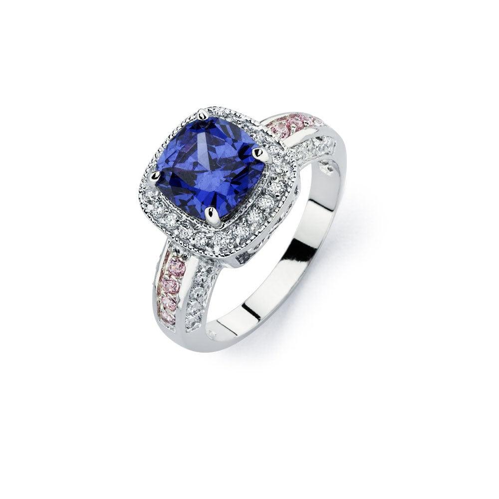 Rhodium Plated Sterling Silver 925 Blue Square Clear CZ Bridal Ring Sizes 5-9